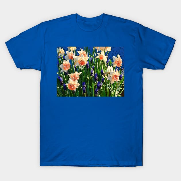 Golden Frilly Daffodils and Blue Grape Hyacinths T-Shirt by SeaChangeDesign